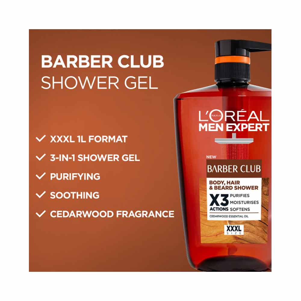 L'Oreal Men Expert Barber Club Shower Gel 3-in-1 Wash for Body Hair & Beard 1000ml
