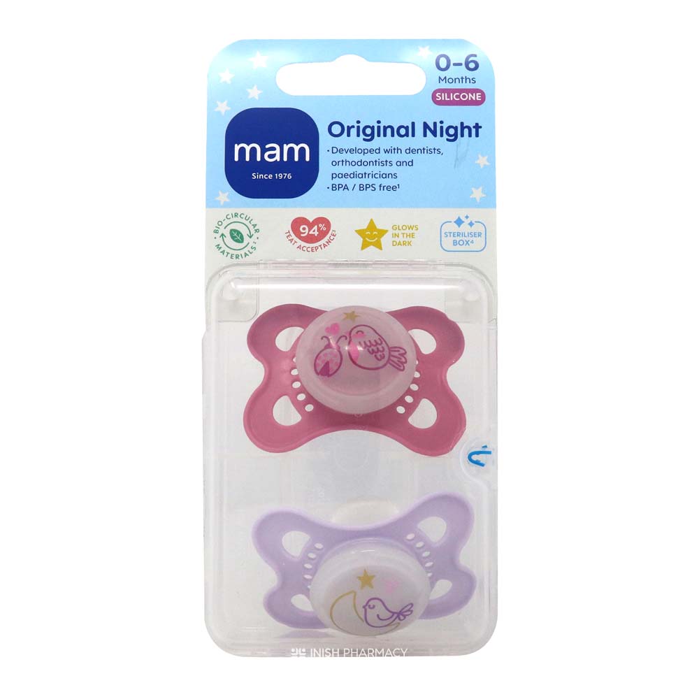 Mam Original Night Silicone Soother 2 Pack 0-6 Pink Lilac – a gentle soother to comfort and soothe babies