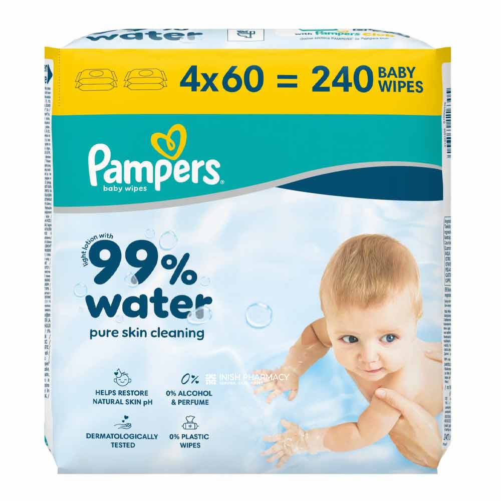 Pampers 99% Water Baby Wipes 4 Pack 240 Wipes – gentle, dermatologically tested baby wipes