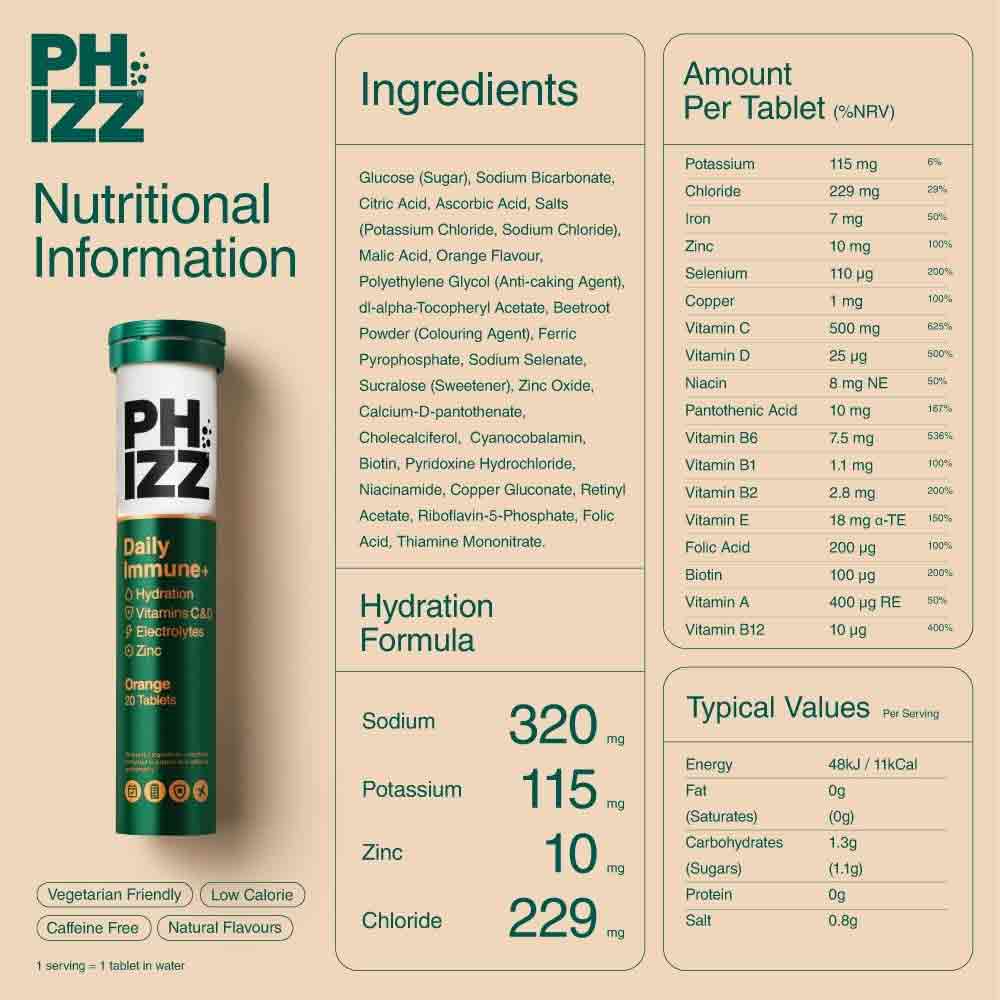 Phizz Daily Immune+ Effervescent Orange 20 Pack