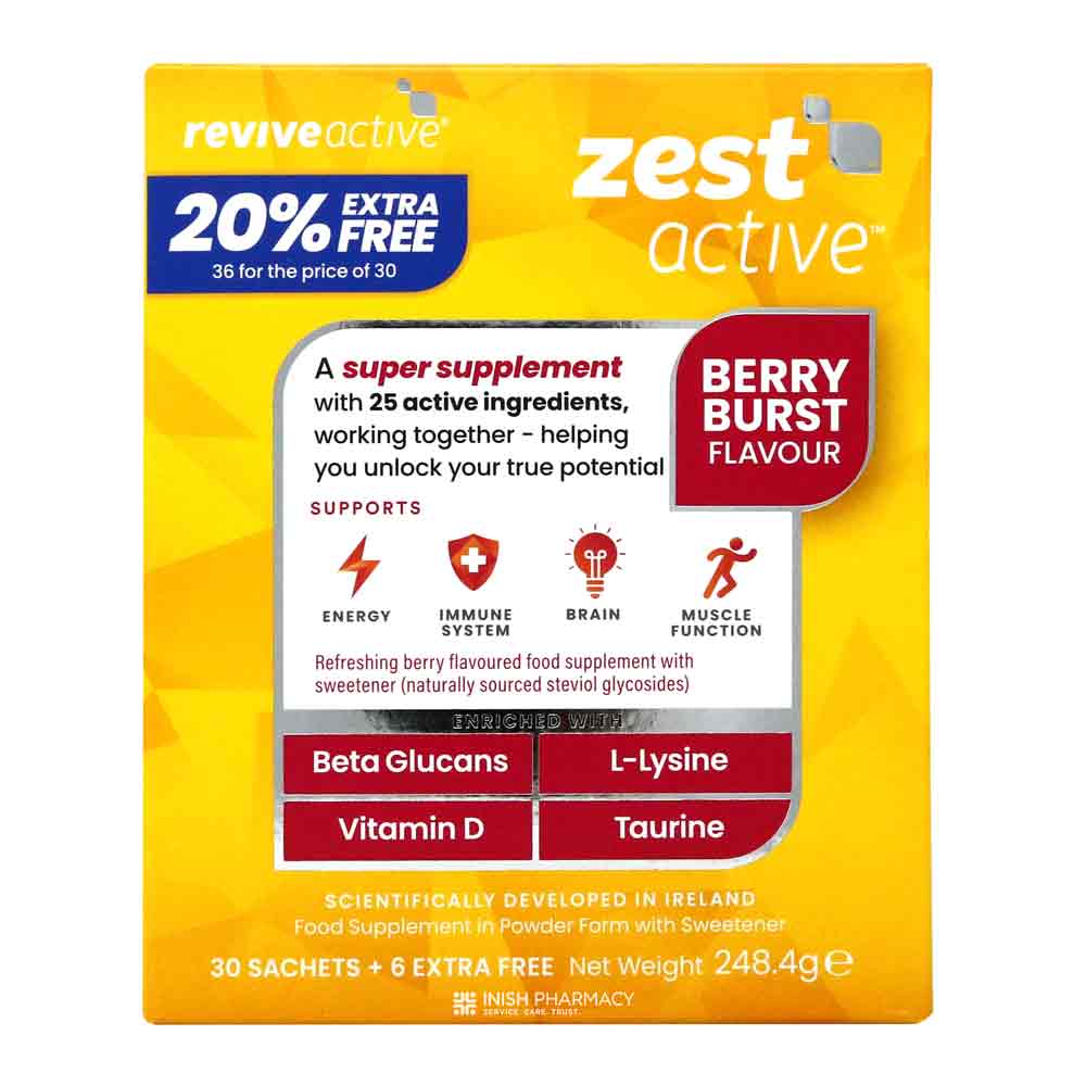 Revive Active Zest Active Berry Burst Food Supplement 30 Sachets + 20% Extra Free – vitamins and minerals to support energy