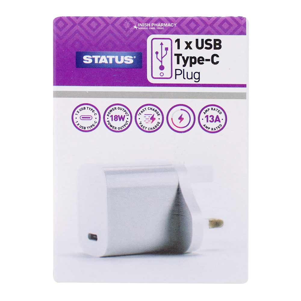 Status USB C Charging Port Fast Charge Adaptor - White Plug