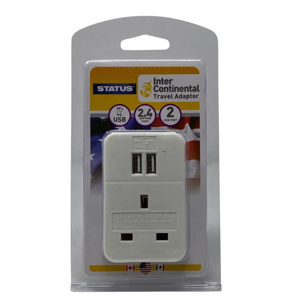 Status Intercontinental Travel Adaptor with 2 USB Charging Ports 13 Amp 120V