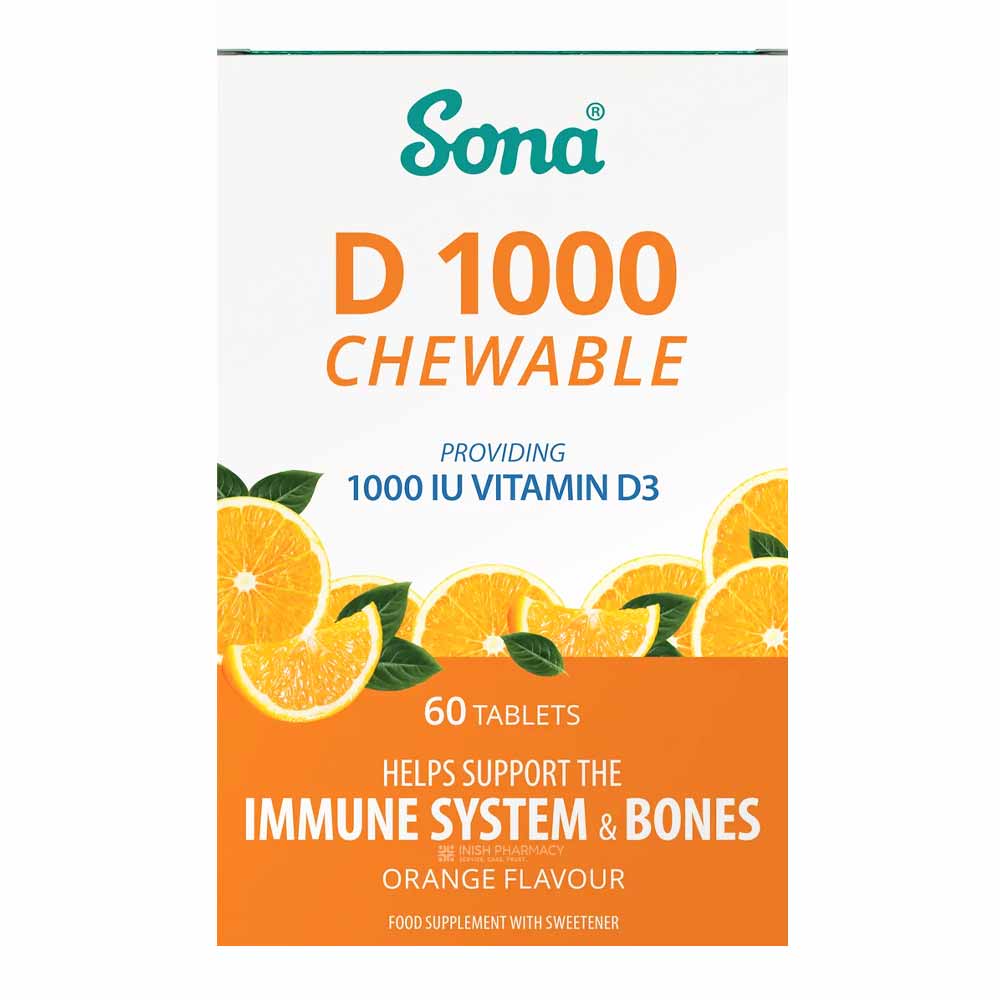 Sona D 1000 Vitamin D3 1000IU 60 Chewable Tablets – vitamin D3 to support bones, muscles and immunity