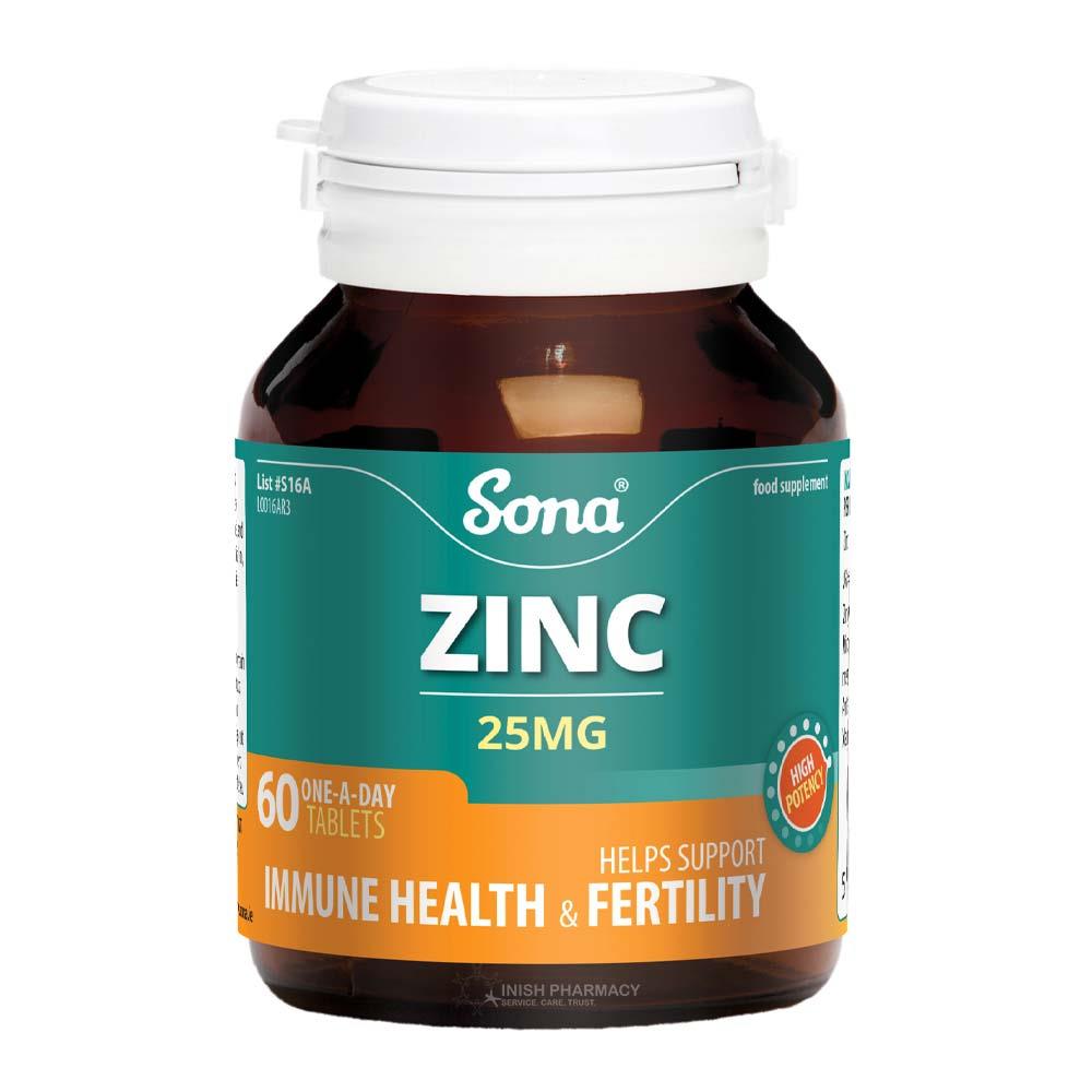 Sona Zinc 25mg 60 Tablets – zinc to support the immune system and wound healing