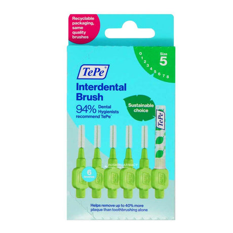 TePe Green Interdental Brush (Size 5) 6 Pieces – cleans between teeth for healthy gums