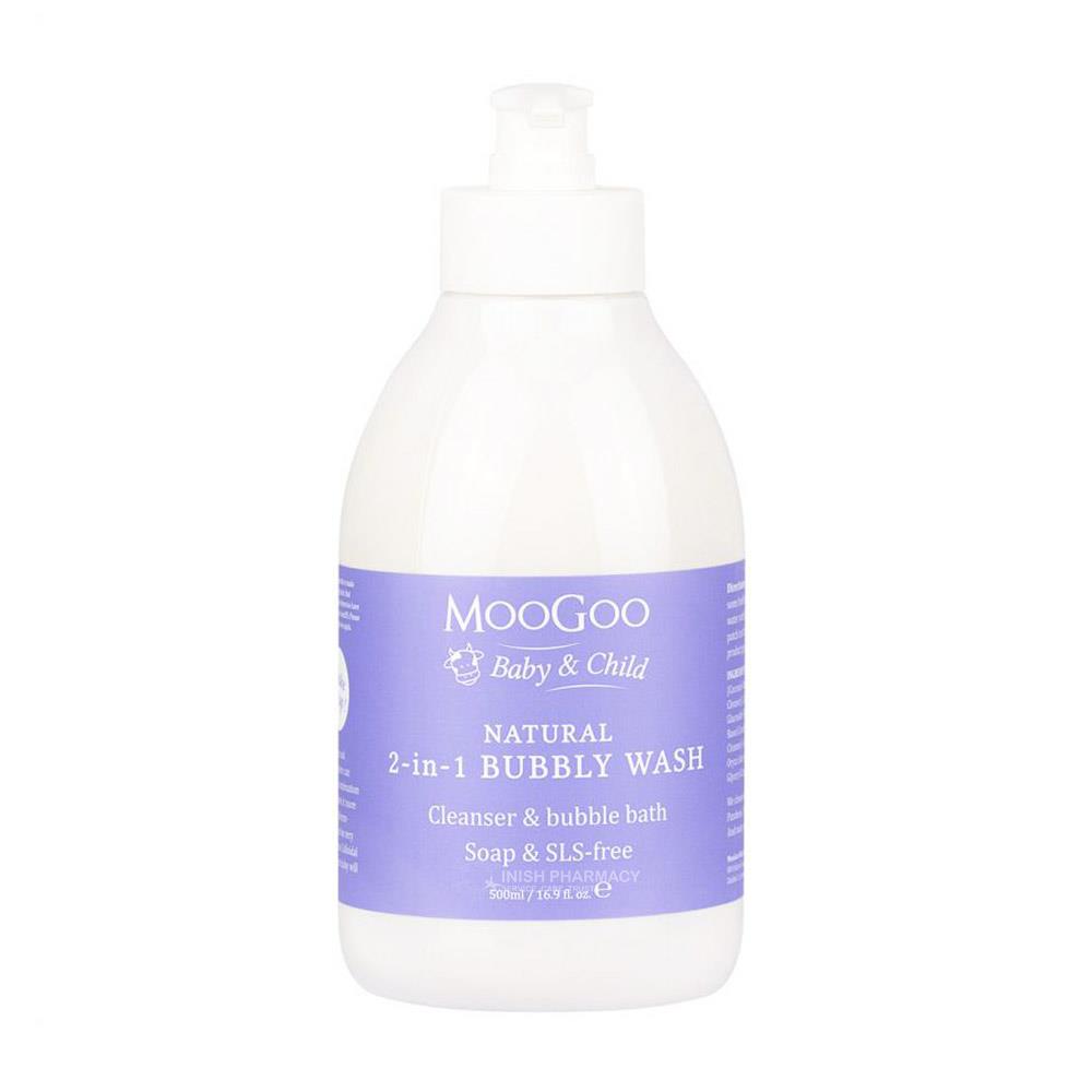 MooGoo Baby & Child Natural 2-In-1 Bubbly Wash for Sensitive Skin 500ml – a soap-free wash gentle enough for newborn skin