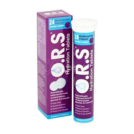 O.R.S. Oral Rehydration Salts (ORS) 24 Soluble Tablets Blackcurrant Flavour – provides fast relief from diarrhoea