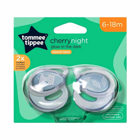 Tommee Tippee Cherry Night Glow in the Dark Latex Soothers 6-18m 2 Pack- Grey – a gentle soother to comfort and soothe babies