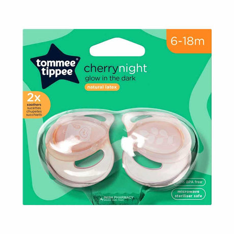 Tommee Tippee Cherry Night Glow in the Dark Latex Soothers 6-18m 2 Pack- Pink – a gentle soother to comfort and soothe babies