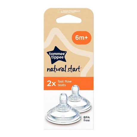 Tommee Tippee Natural Start Teats 6m+ Fast Flow 2 Pack – a soft, natural-feel teat for easy bottle feeding