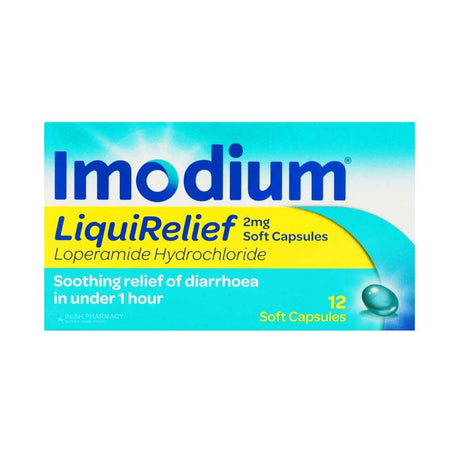 Imodium Liquirelief Loperamide 2mg Capsules 12 Pack – provides fast relief from diarrhoea