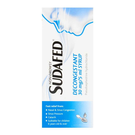 Sudafed Decongestant Syrup 30mg/5ml Pseudoephedrine 100ml – relieves nasal congestion and sinus pressure