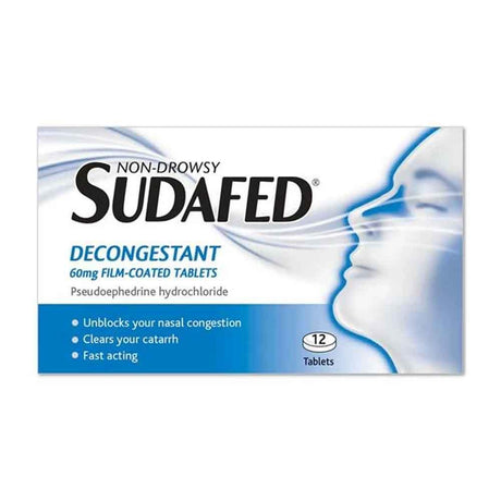 Sudafed Decongestant 60mg Pseudoephedrine Tablets 12 Pack – relieves cold and flu symptoms