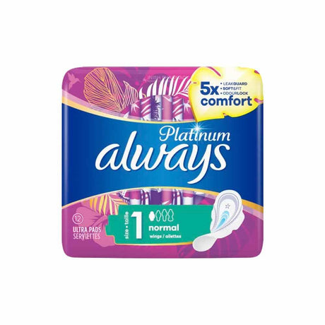 Always Platinum 1 Ultra Pads Normal Wings 12 Pack – for comfortable, secure period protection