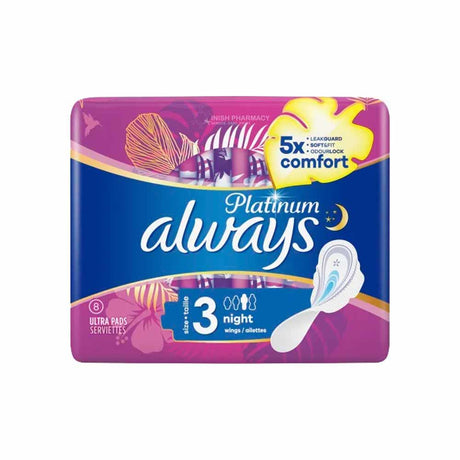 Always Platinum 3 Ultra Pads Night Wings 8 Pack – for comfortable, secure period protection