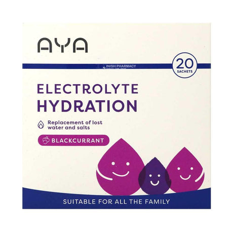 Aya Electrolyte Hydration Sachets Blackcurrant 20 Pack – provides fast relief from diarrhoea