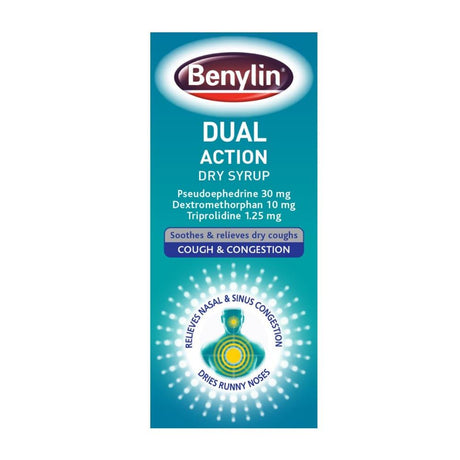 Benylin Dual Action Dry Syrup 100ml – soothes and relieves persistent coughs