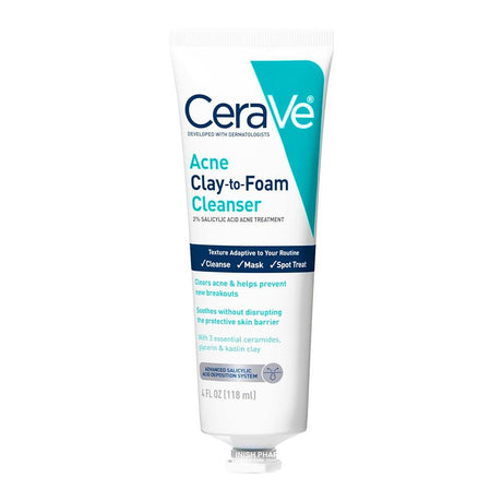 CeraVe Blemish Clay-to-Foam Cleanser 118ml – helps clear and prevent acne breakouts