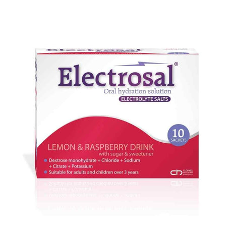 Electrosal Oral Hydration Electrolyte Salts Lemon & Raspberry 10 Sachets – provides fast relief from diarrhoea