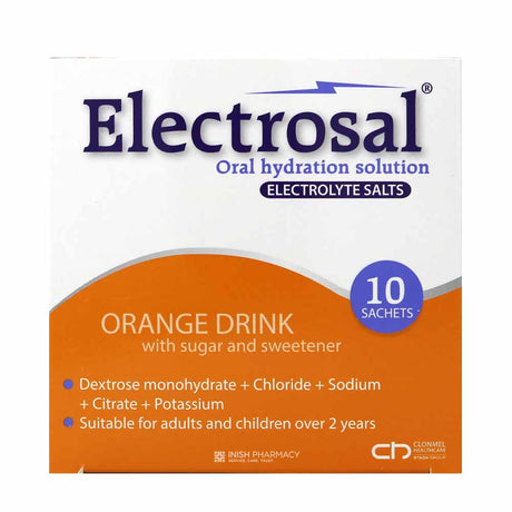 Electrosal Oral Hydration Electrolyte Salts Orange 10 Sachets – provides fast relief from diarrhoea