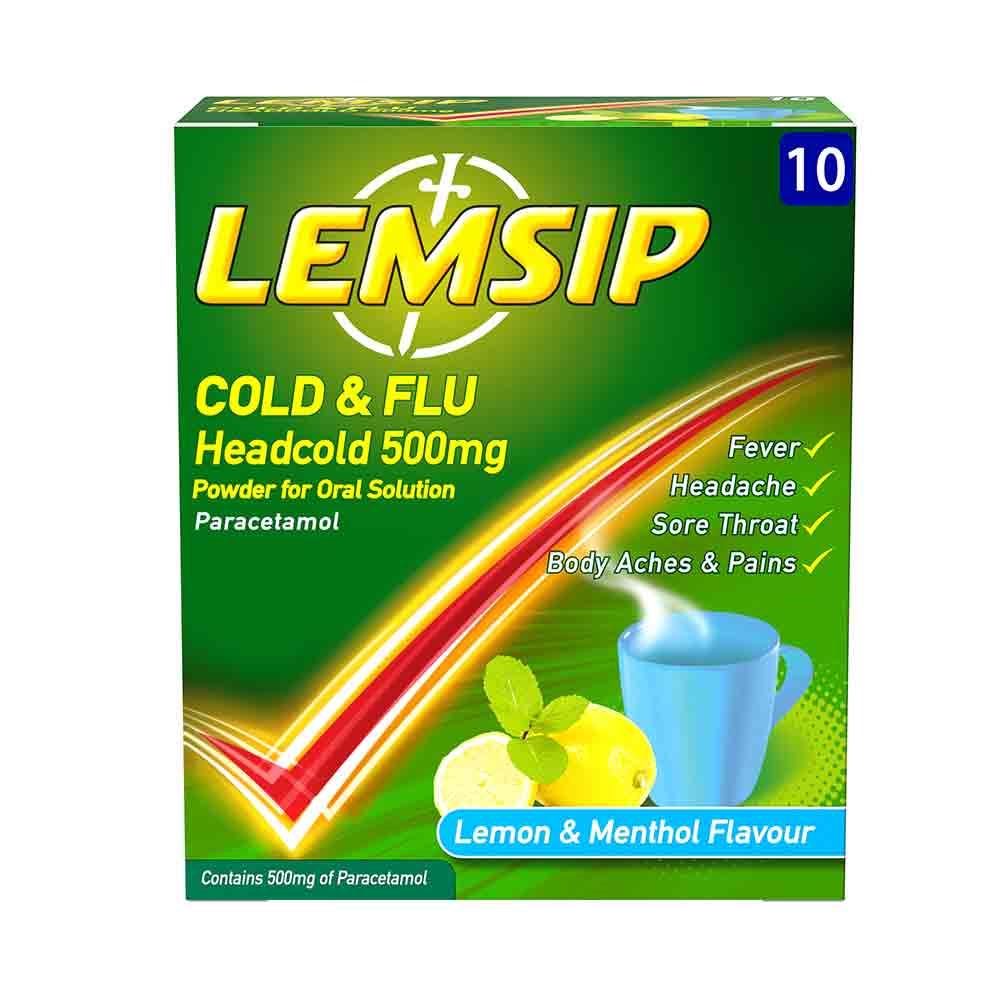 Lemsip Cold & Flu Headcold 500mg Lemon & Menthol 10 Sachets