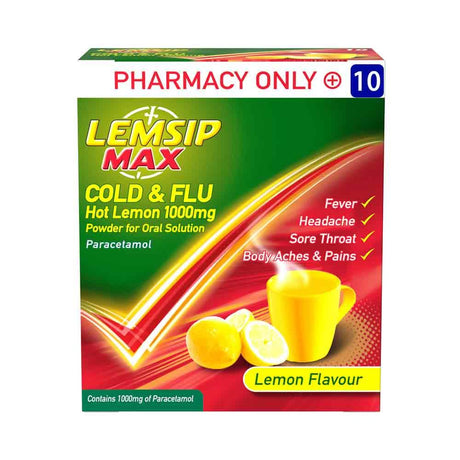Lemsip Max Cold & Flu Hot Lemon 1000mg 10 Pack – relieves cold and flu symptoms