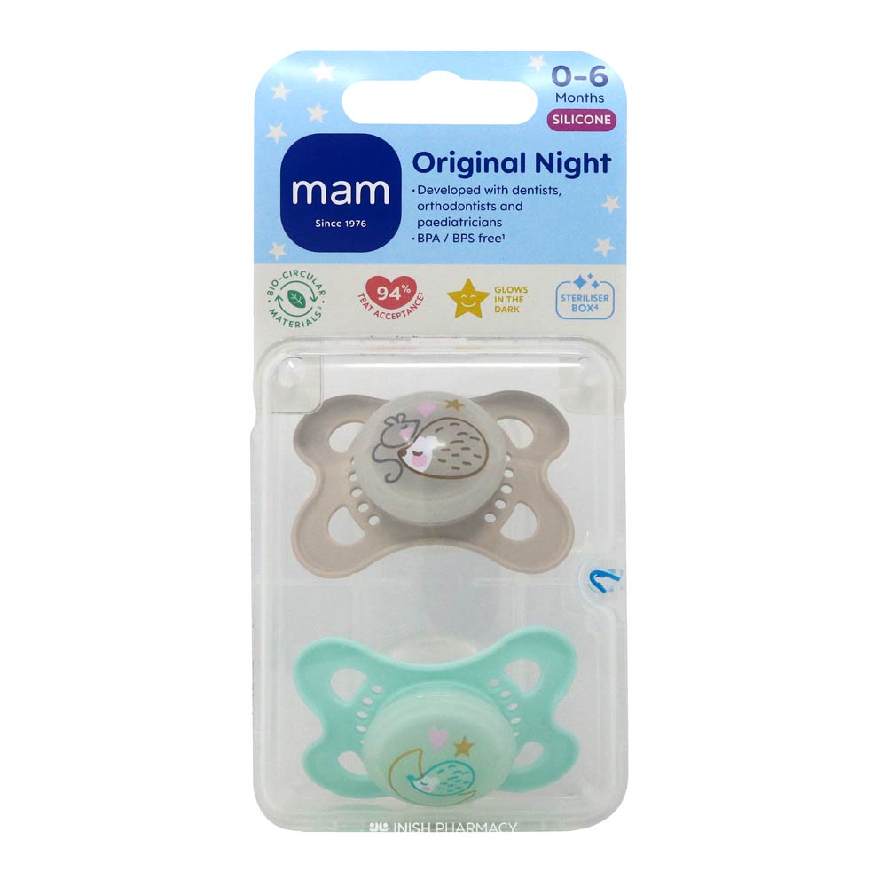 Mam Original Night Silicone Soother 2 Pack 0-6 Green Grey – a gentle soother to comfort and soothe babies