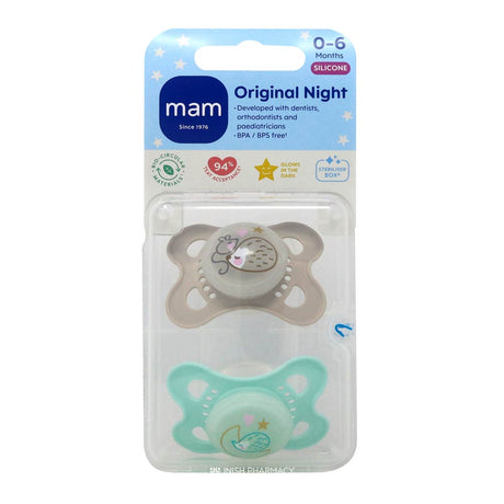 Mam Original Night Silicone Soother 2 Pack 0-6 Green Grey – a gentle soother to comfort and soothe babies