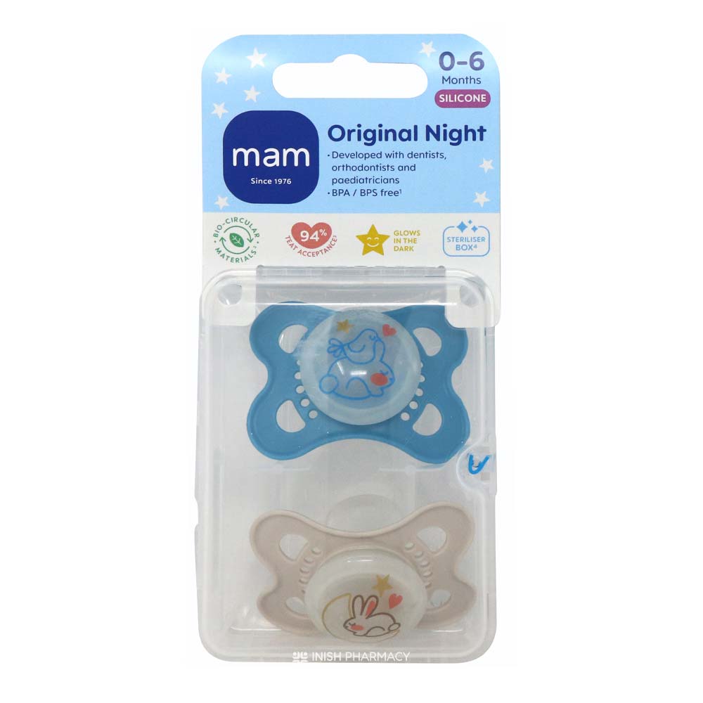 Mam Original Night Silicone Soother 2 Pack 0-6M Blue Grey