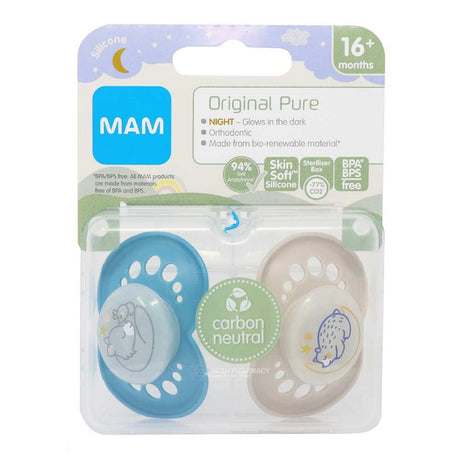 Mam Pure Night 16+M Soother 2 Pack – a gentle soother to comfort and soothe babies