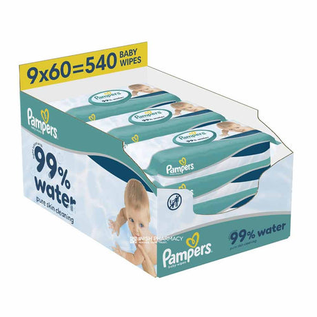 Pampers 99% Water Baby Wipes 9 Pack 540 Wipes – gentle, dermatologically tested baby wipes