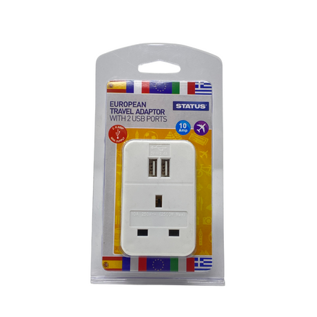Status European Travel Adaptor with 2 USB Charging Ports 10 Amp 240V – relieves nausea and travel sickness