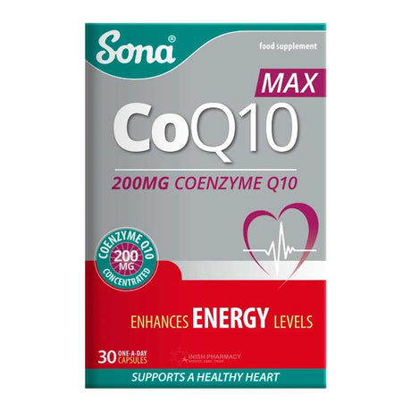 Sona CoQ10 200mg Coenzyme Q10 30 Capsules – CoQ10 to support heart health and cellular energy