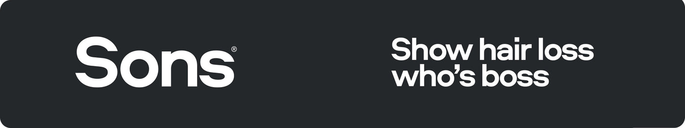 Sons logo with tagline 'Show hair loss who's boss' on a black background