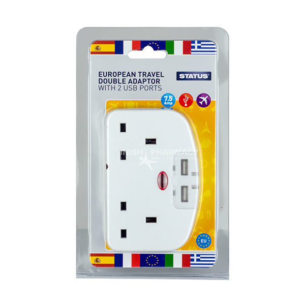 Status European Travel Double Adaptor with 2 USB Ports 7.5 Amp 240V