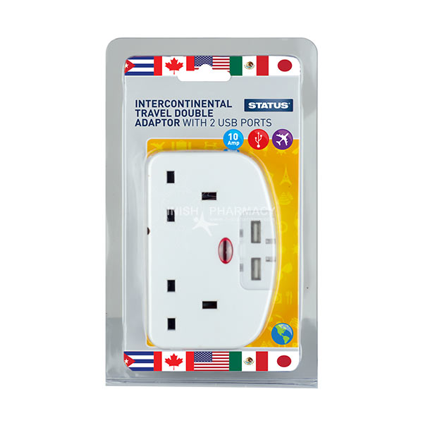 Status Intercontinental Travel Double Adaptor with 2 USB Ports 10 Amp 110-240V