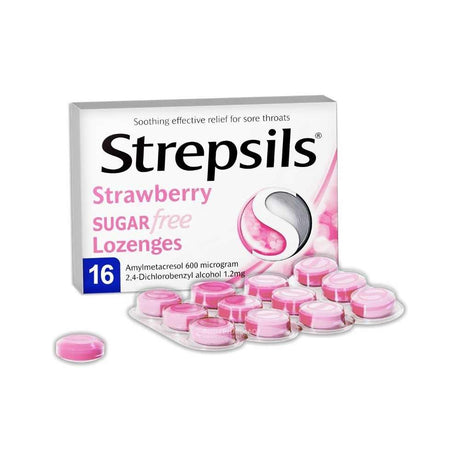 Strepsils Strawberry Sugar Free Lozenges 16 Pack – for sore throat