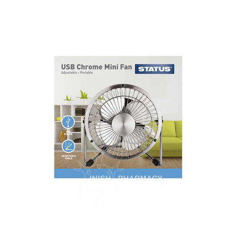 Status USB Chrome Wire Mini Fan 4 inch – relieves nausea and travel sickness