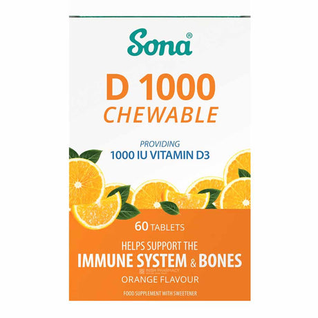 Sona D 1000 Vitamin D3 1000IU 60 Chewable Tablets – vitamin D3 to support bones, muscles and immunity