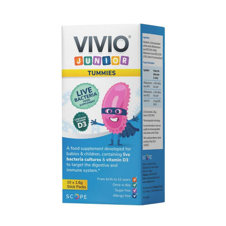 Vivio Junior Tummies Probiotics For Digestive Health 10 x 1.6g Stick Packs – live cultures to support gut health and