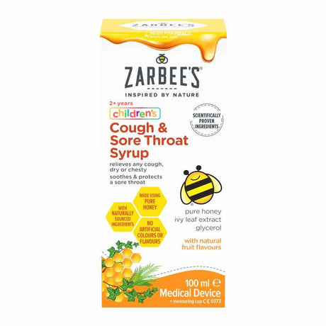 Zarbee's Children's Cough & Sore Throat Liquid Syrup 100ml – soothes and relieves a painful sore throat