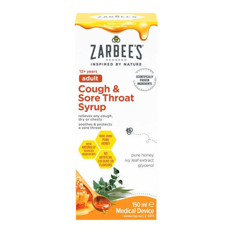 Zarbee's Adult Cough & Sore Throat Liquid Syrup 150ml – soothes and relieves a painful sore throat