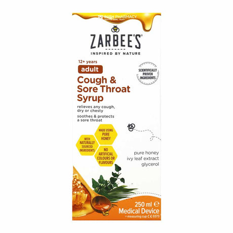 Zarbee's Adult Cough & Sore Throat Liquid Syrup 250ml – soothes and relieves a painful sore throat