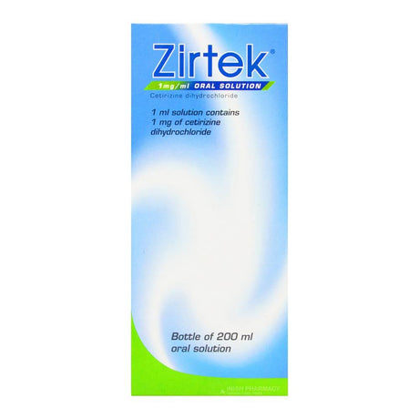 Zirtek Liquid Cetirizine 1mg1ml Oral Solution 200ml – provides targeted hayfever and allergy relief