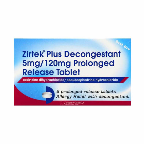 Zirtek Plus Decongestant 5mg/120mg Prolonged Release Tablet 6 Pack – provides targeted hayfever and allergy relief