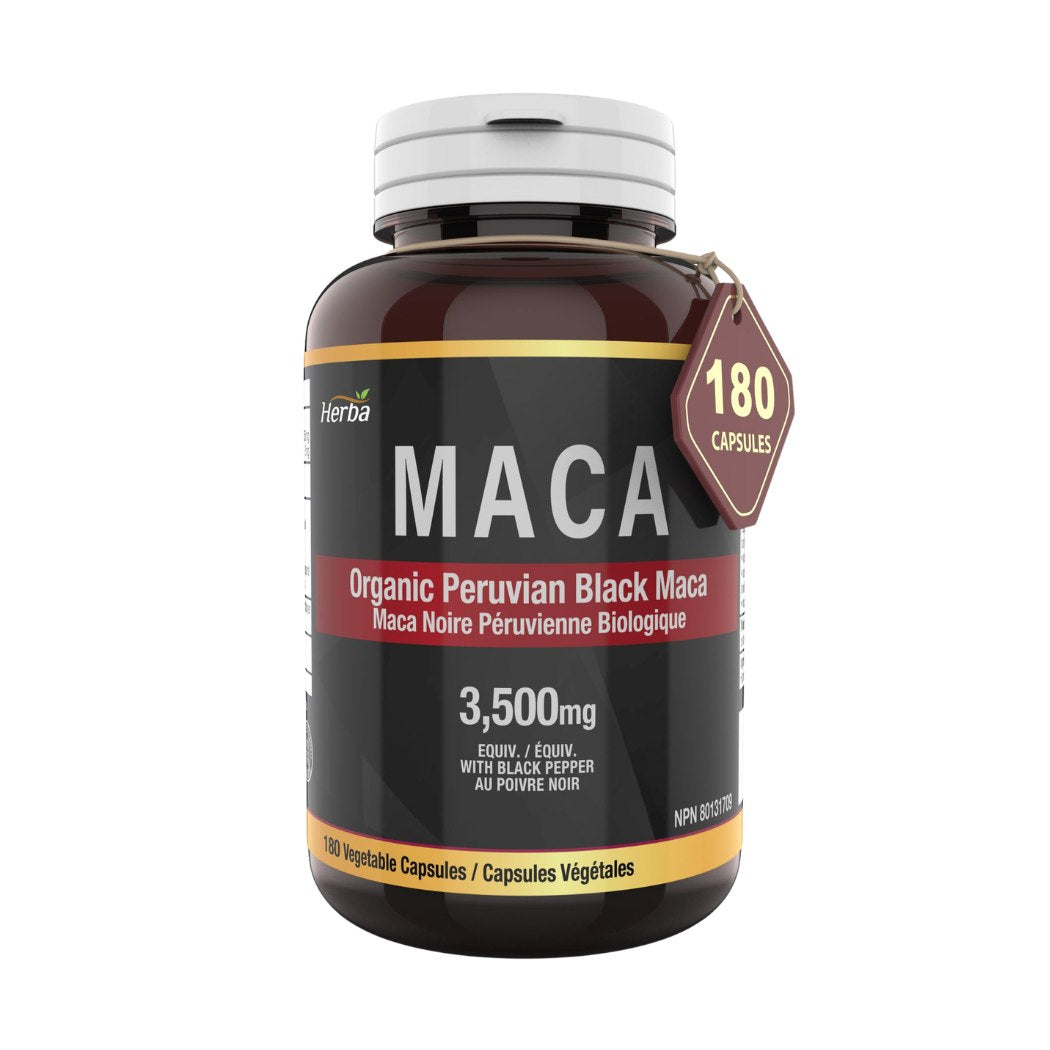 Herba Organic Peruvian Black Maca Capsules 180 Pack – maca for natural energy, vitality and hormone balance